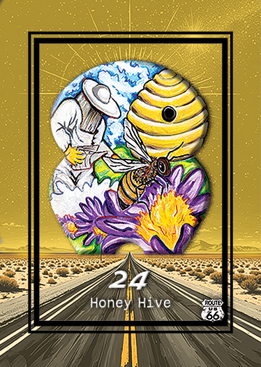 An illustration of a woman in a wide-brimmed hat, a bee, a honey bee hive, and flowers within a decorative oval frame, with a road stretching into the desert landscape, Route 66 sign, and the number 24 with the words 'Honey Hive' below.