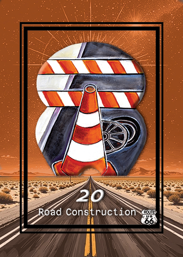 Illustration of a traffic cone integrated with a road barrier and wheel, over a desert highway at sunset, with Route 66 logo and text indicating road construction.