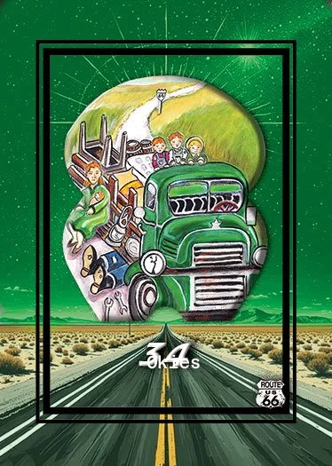 A colorful illustration of a green truck with a route 66 sign driving on an empty highway, with a circular inset showing a rural scene with children and a dog, and a factory emitting smoke in the background.