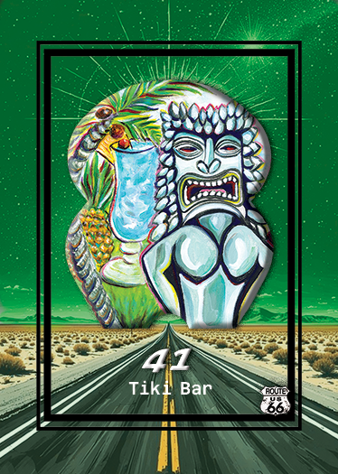 A colorful tattoo-style illustration featuring a tiki face, a honeybee, a tropical plant, and a cocktail glass with a blue drink, all set against a desert landscape and Route 66 highway. The text reads '41 Tiki Bar'.
