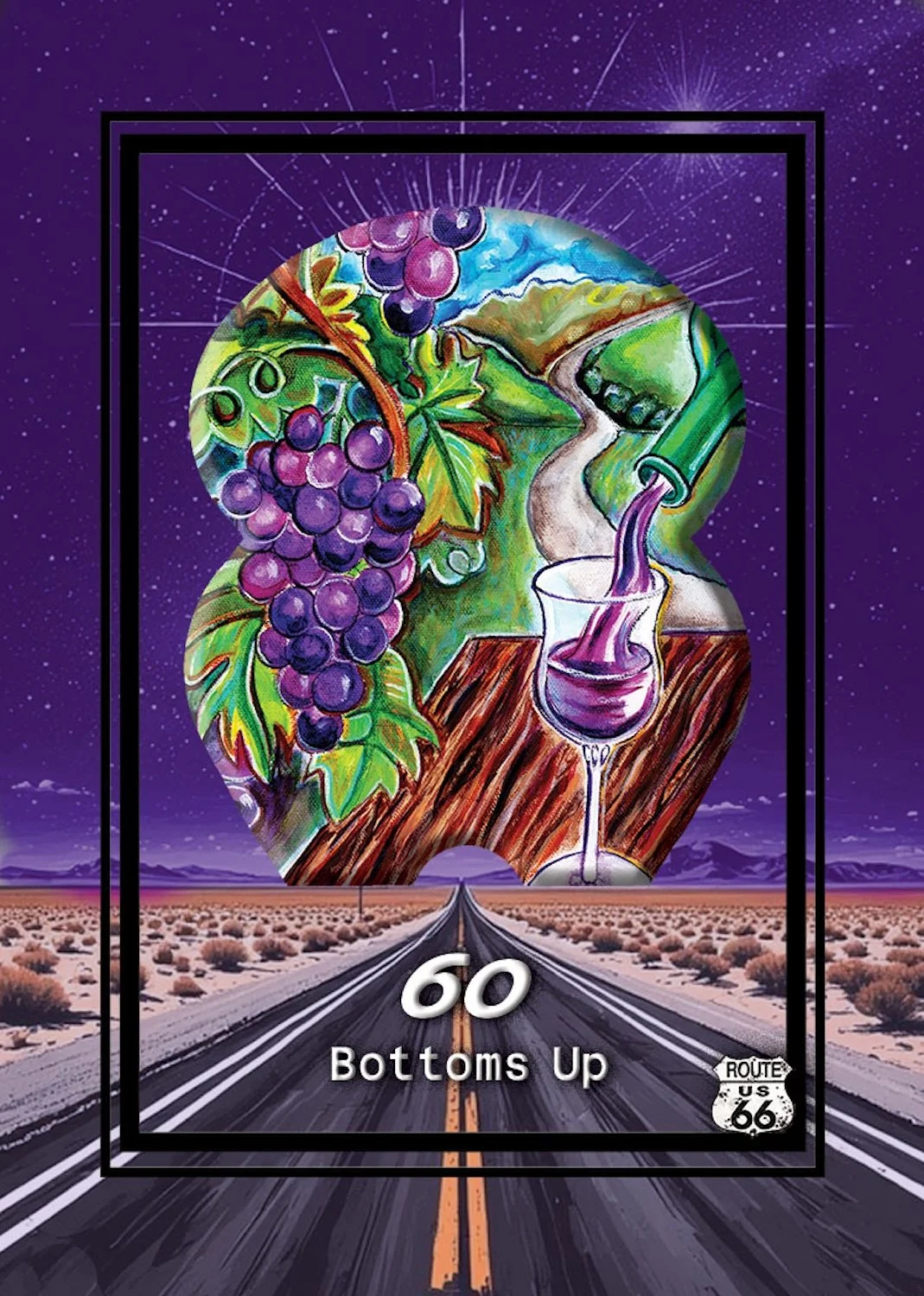 Artwork depicting a vineyard scene with purple grapes, grapevine leaves, a winding road, and a glass of purple wine, set against a starry night sky with mountains in the distance.
