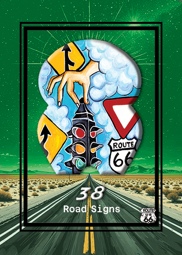 Illustration of a highway leading to a circular opening showcasing various road signs, including Route 66 signs and a hand with clouds representing a celestial or divine theme.