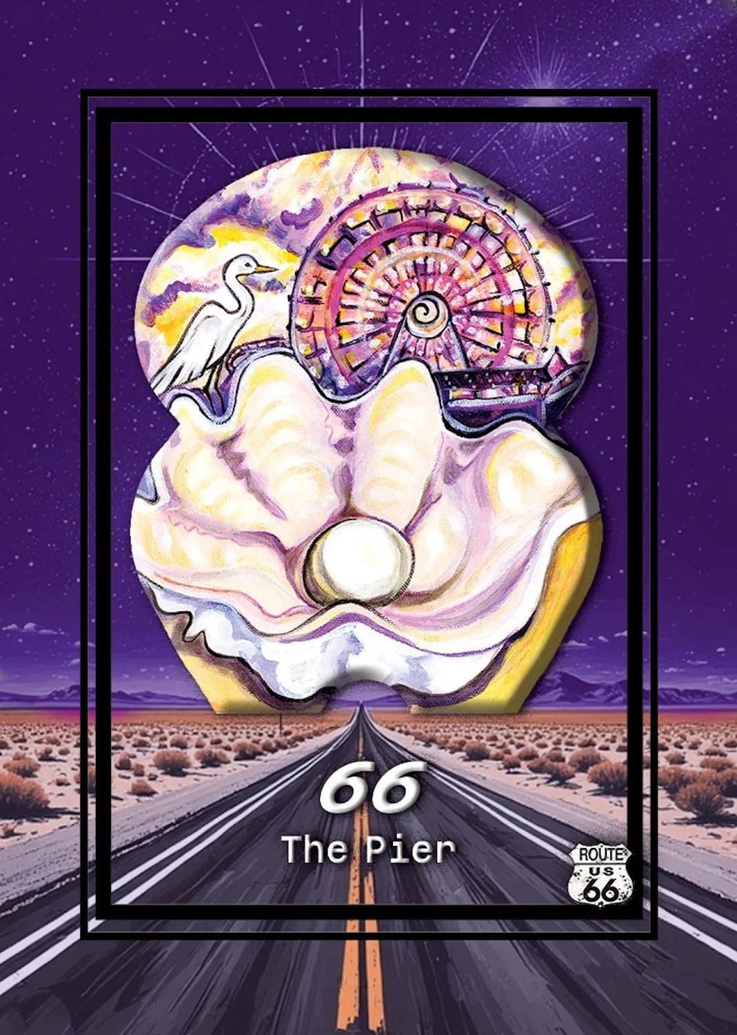 A surreal painting featuring a desert landscape with a road extending to the horizon, a large clam shell with a pearl, a white bird, and a ferris wheel within a nebula sky, with the text '66 The Pier' and a Route 66 sign.