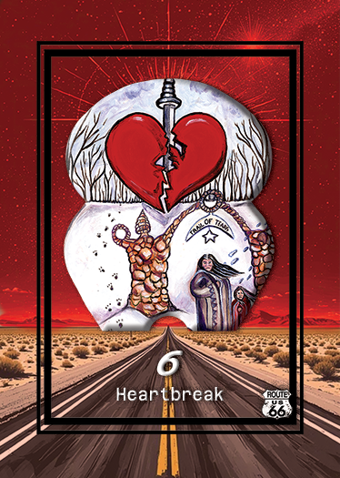 Illustration of a cracked heart above two trees with a Route 66 sign, set against a desert landscape with a highway leading toward the horizon, representing heartbreak.