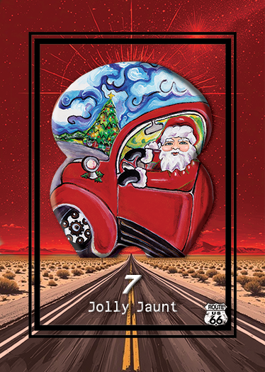 Illustration of a classic red car with Santa Claus in the driver’s seat, a decorated Christmas tree visible through the window, and a scenic background of a desert landscape with a two-lane road, set against a red starry sky. Text reads "7 Jolly Jaun