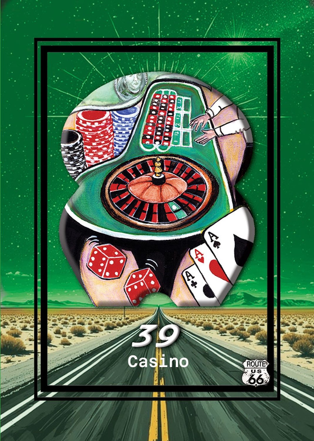 Illustration of casino elements including a roulette wheel, dice, poker chips, and playing cards, set against a desert road scene with a Route 66 sign.