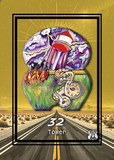 Artwork depicting a mountain with lightning and storm clouds, a snake coiled on a green field, and a steaming cup of coffee, with a road leading toward the mountain. Includes text: '32 Tower' and Route 66 logo.