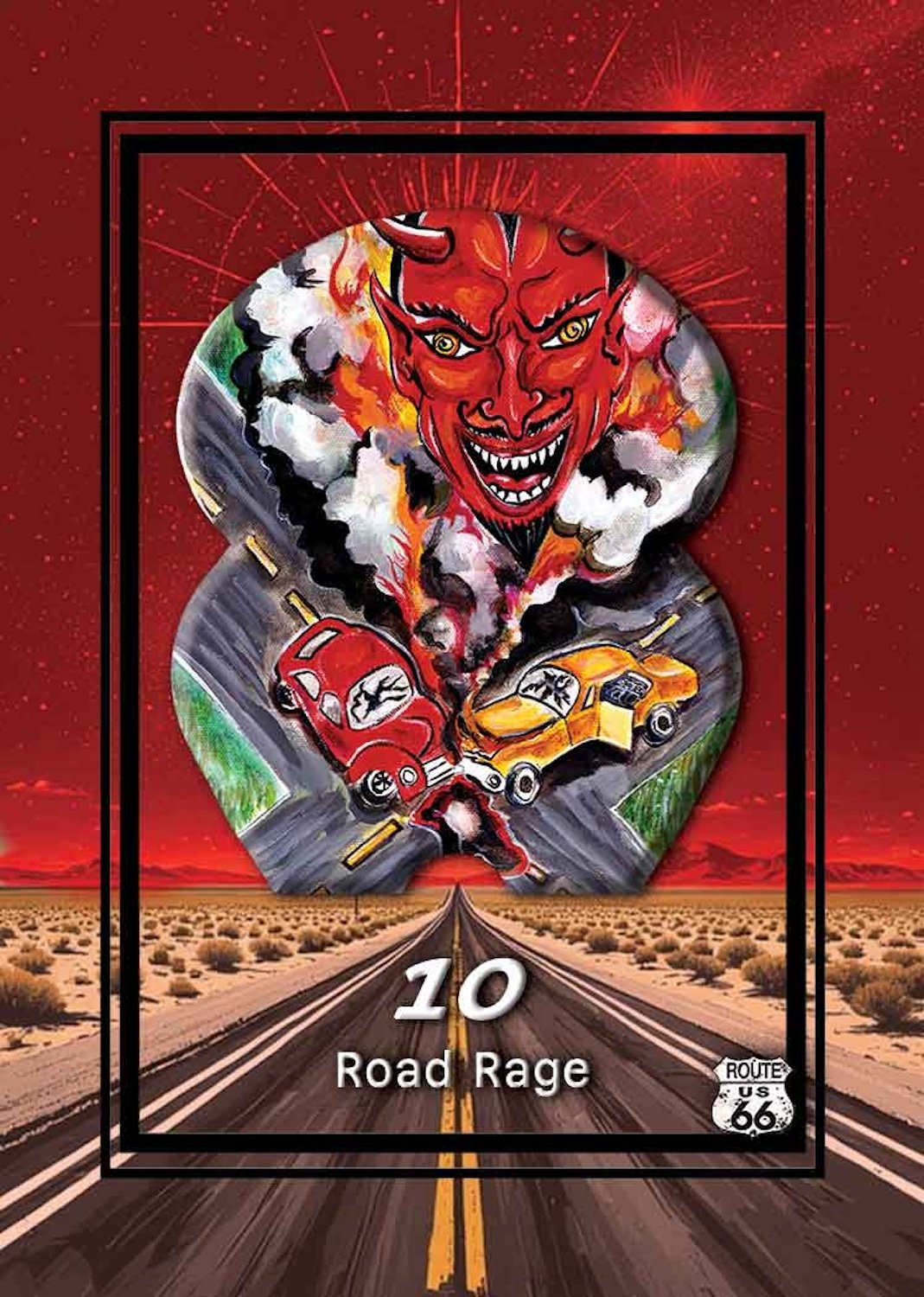 A stylized artwork depicting a fiery red devil with horns and sharp teeth, surrounded by two racing cars on a road, with a desert landscape and a red sky in the background, labeled as Route 66 and titled 'Road Rage'.