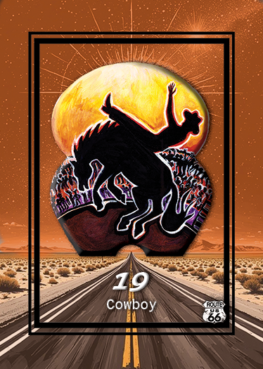 Silhouette of a cowboy riding a horse against a large yellow moon with Route 66 sign, autumn landscape background, and the number 19 with the word 'Cowboy' at the bottom.