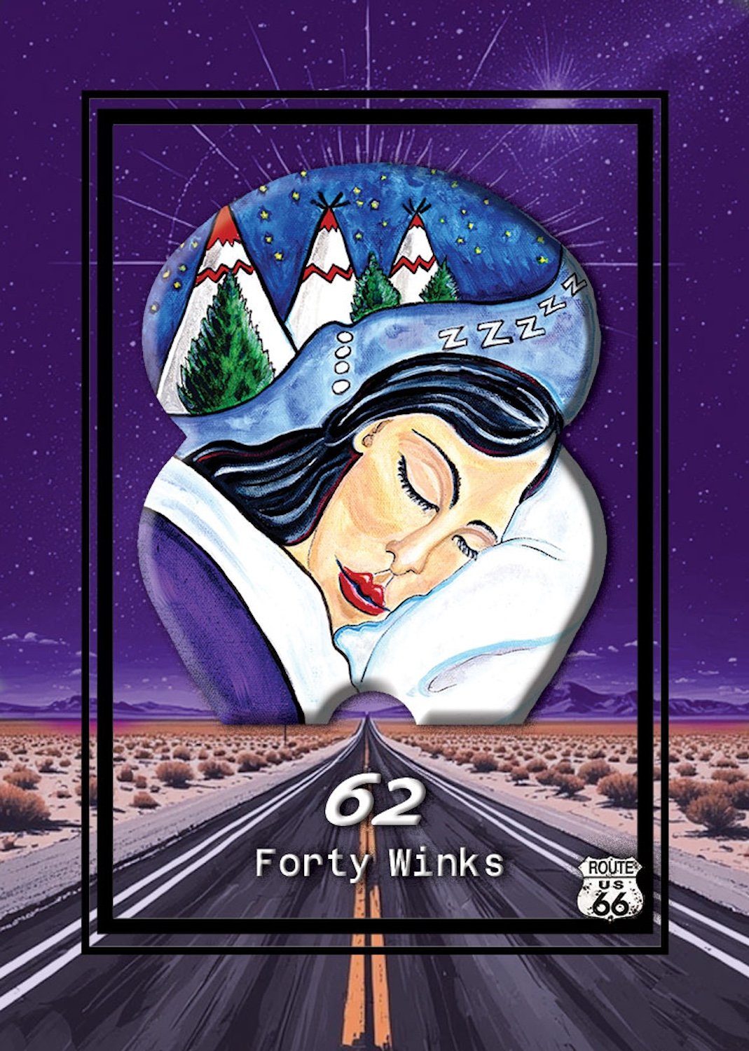 Art depicting a woman sleeping with a thought bubble of mountains, trees, and stars above her head, set over a desert highway at night with Route 66 sign.