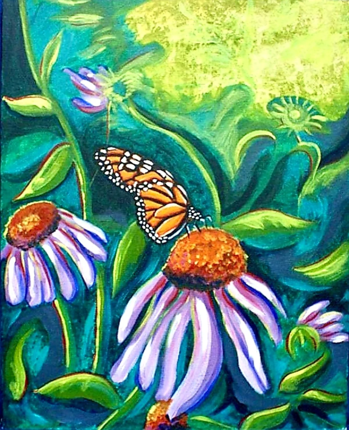 A vibrant painting of a monarch butterfly resting on a coneflower surrounded by greenery and other flowers.