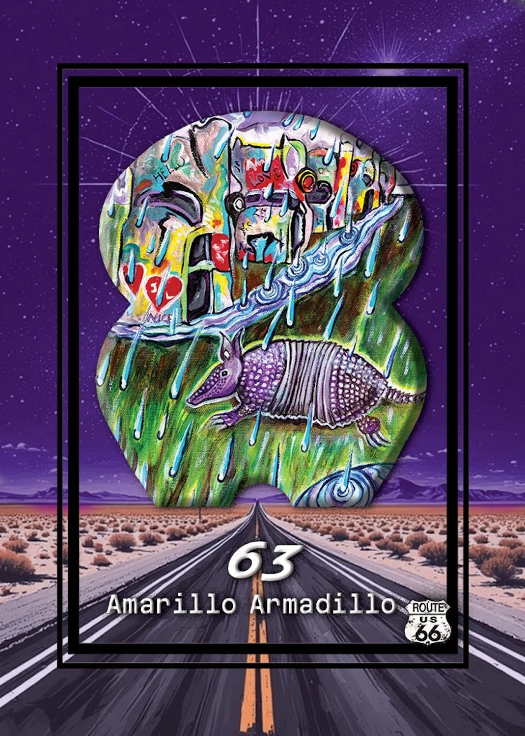 Illustration of a highway scene featuring a colorful, artistic depiction of Route 66 with a purple sky, abstract art, rain, and a surreal landscape including a strange creature resembling an armadillo with a long face and deer-like features.