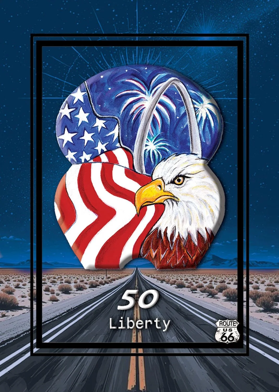Artwork featuring an eagle with an American flag pattern on its neck, set against a night sky with fireworks. The background includes a long, straight road leading to the horizon in a desert landscape. Text on the artwork reads "50 Liberty" with a Route 66 shield emblem.