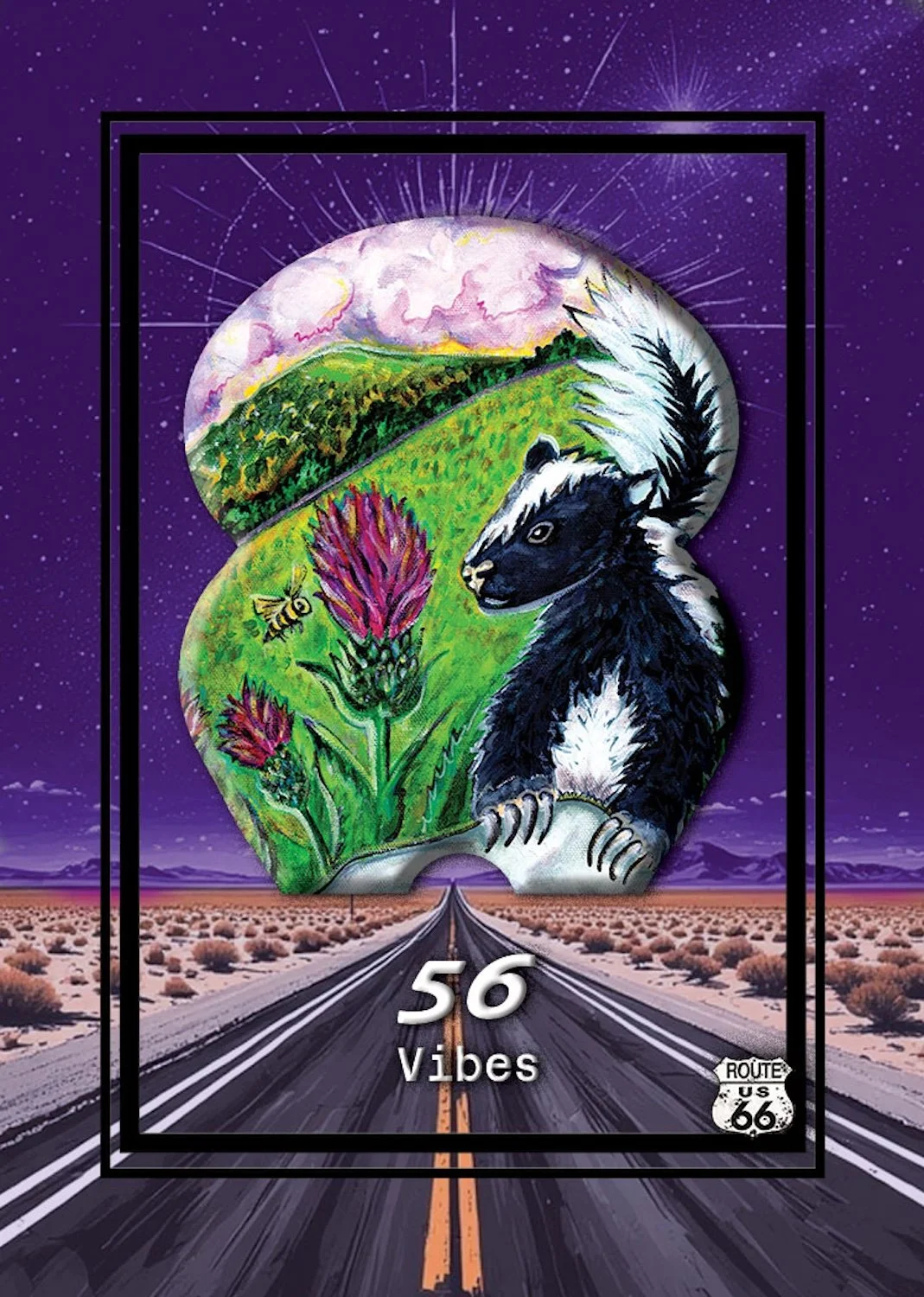 An artistic depiction of a purple night sky with stars over a desert landscape and an open road. In the center, there is a large, stylized creature featuring nature scenes, a black and white skunk, and a yellow and black skunk, with the word "56 Vibes" and the Route 66 emblem at the bottom.