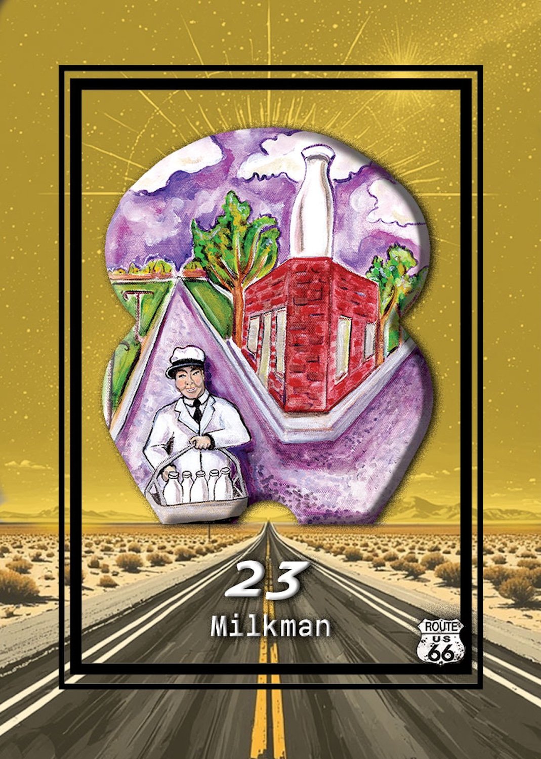 Illustration of a woman in a white uniform and cap selling bottles of milk on a rural road, with a red brick dairy building, trees, purple sky with clouds, and a milk bottle atop the building inside a milk bottle shaped frame. The background shows a desert landscape with a long road and a Route 66 sign at the bottom.