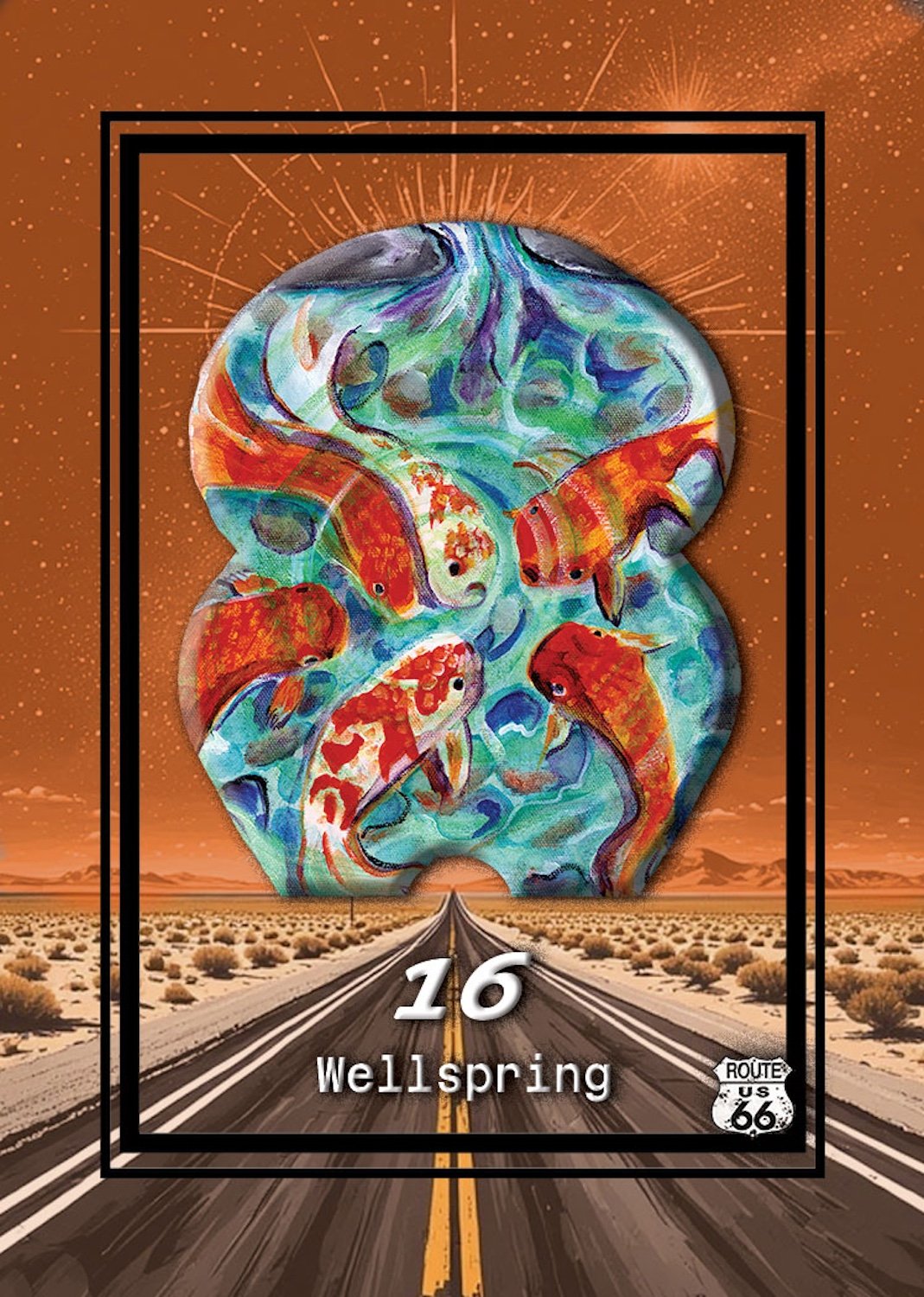 Artistic illustration of a large, colorful fish-shaped cloud over an open desert road with a bright, orange sky and a black border. The scene includes the text '16 Wellspring' and a Route 66 shield emblem.