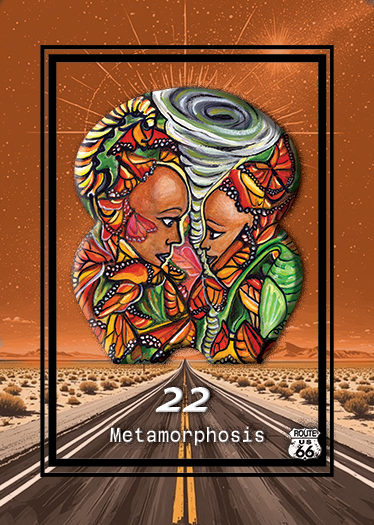 Illustration of two women with butterfly wings and colorful hairstyles, facing each other with foreheads touching, against a desert highway background with a glowing sky.