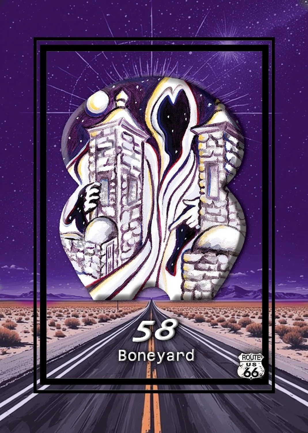 Artistic illustration of a stylized face with two buildings as eyes, set against a starry night sky with a desert and a road leading to the horizon. The text reads '58 Boneyard' with a Route 66 shield icon.