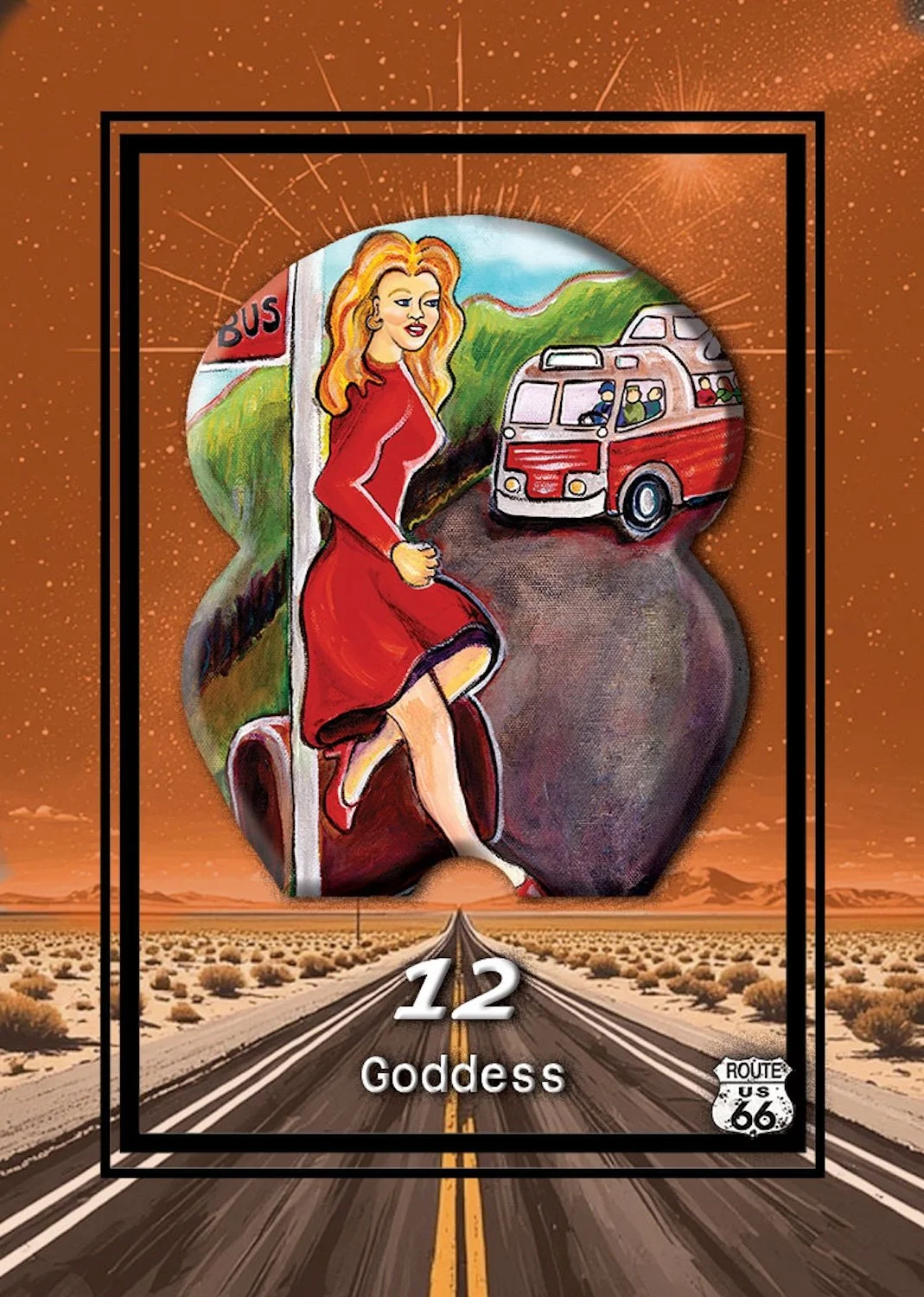 A tarot card with the number 12, titled 'Goddess,' featuring a woman in a red dress sitting on a brown object, with a Route 66 sign in the bottom right corner. The background shows a desert landscape with an orange sky and a road stretching into the distance.