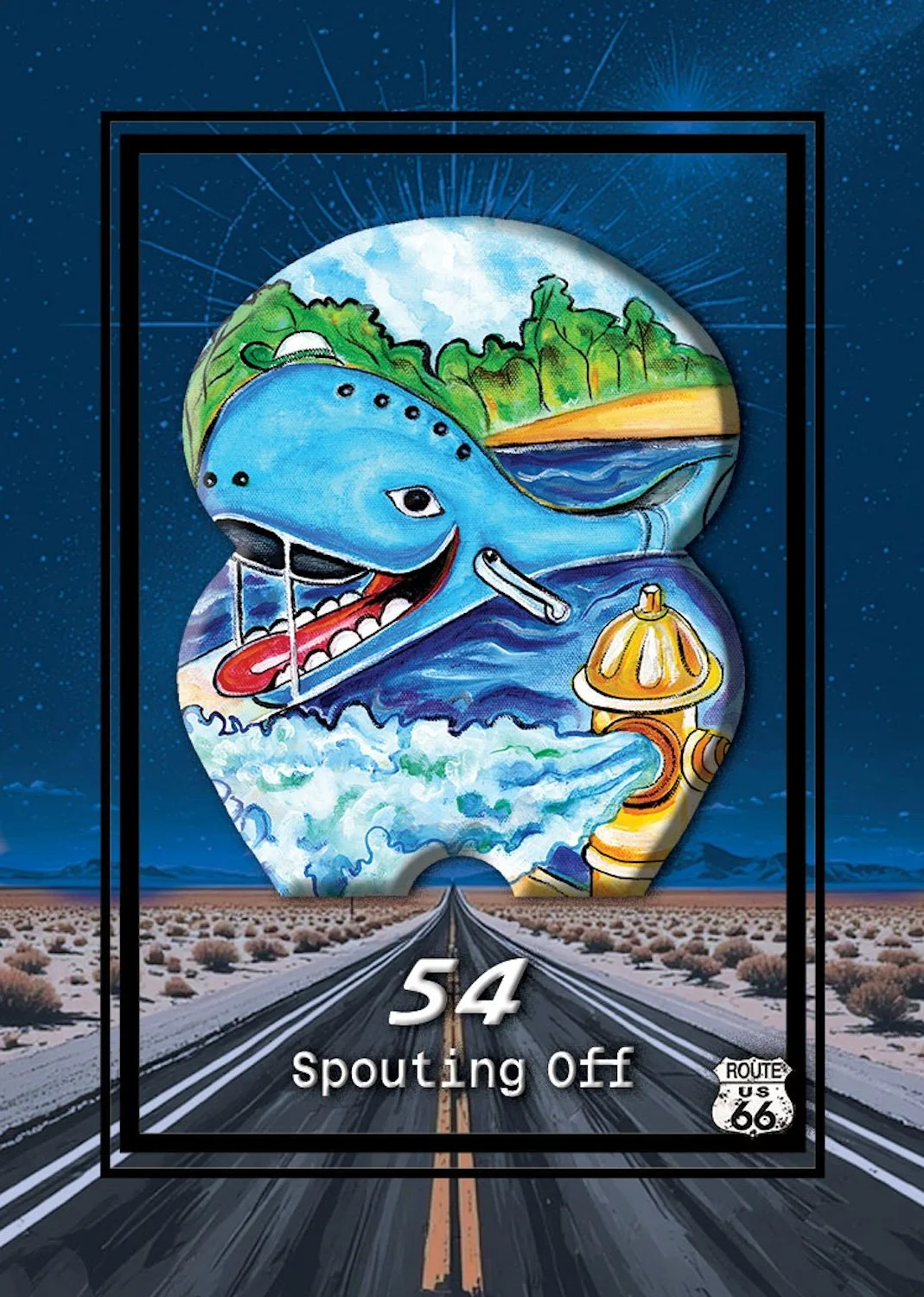 Illustration of a colorful dinosaur poking out from a large cutout in a landscape with mountains, trees, and a body of water. The illustration is on a sign with the text '54 Spouting Off' and a Route 66 emblem, set against a desert highway background at sunset or dusk.