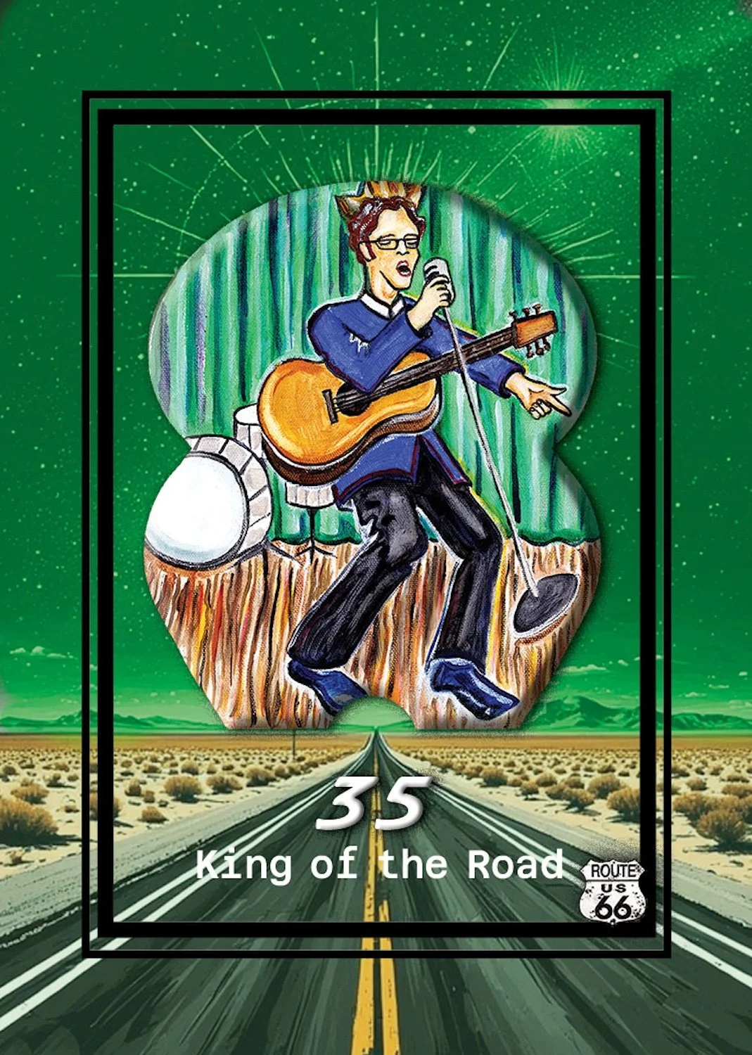 Illustration of a woman with glasses and cat ears singing and playing guitar on a stage with a drum in the background. The stage has a green curtain, and the scene is framed by a large number 35 and the words "King of the Road" with a Route 66 sign. The background shows a long road in a desert landscape with a green starry sky.
