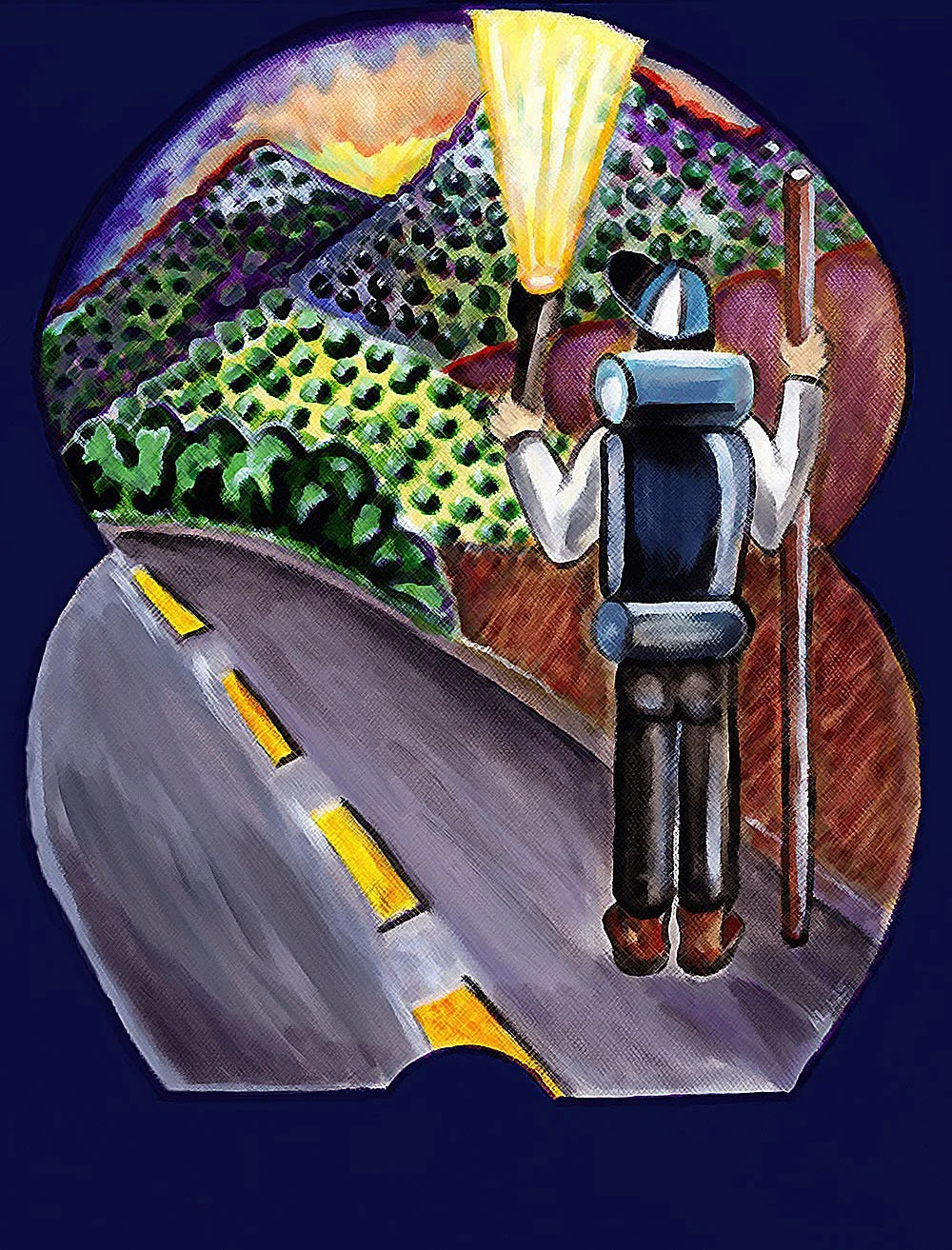 Illustration of a person with a backpack hiking on a road, facing a scenic landscape of mountains and fields at sunset.