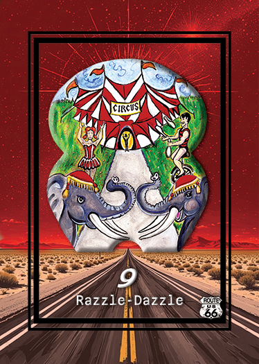 Colorful circus scene painted on a large canvas, featuring elephants, acrobats, and a tent, set against a dramatic red starry background with Route 66 road in the desert at sunset.