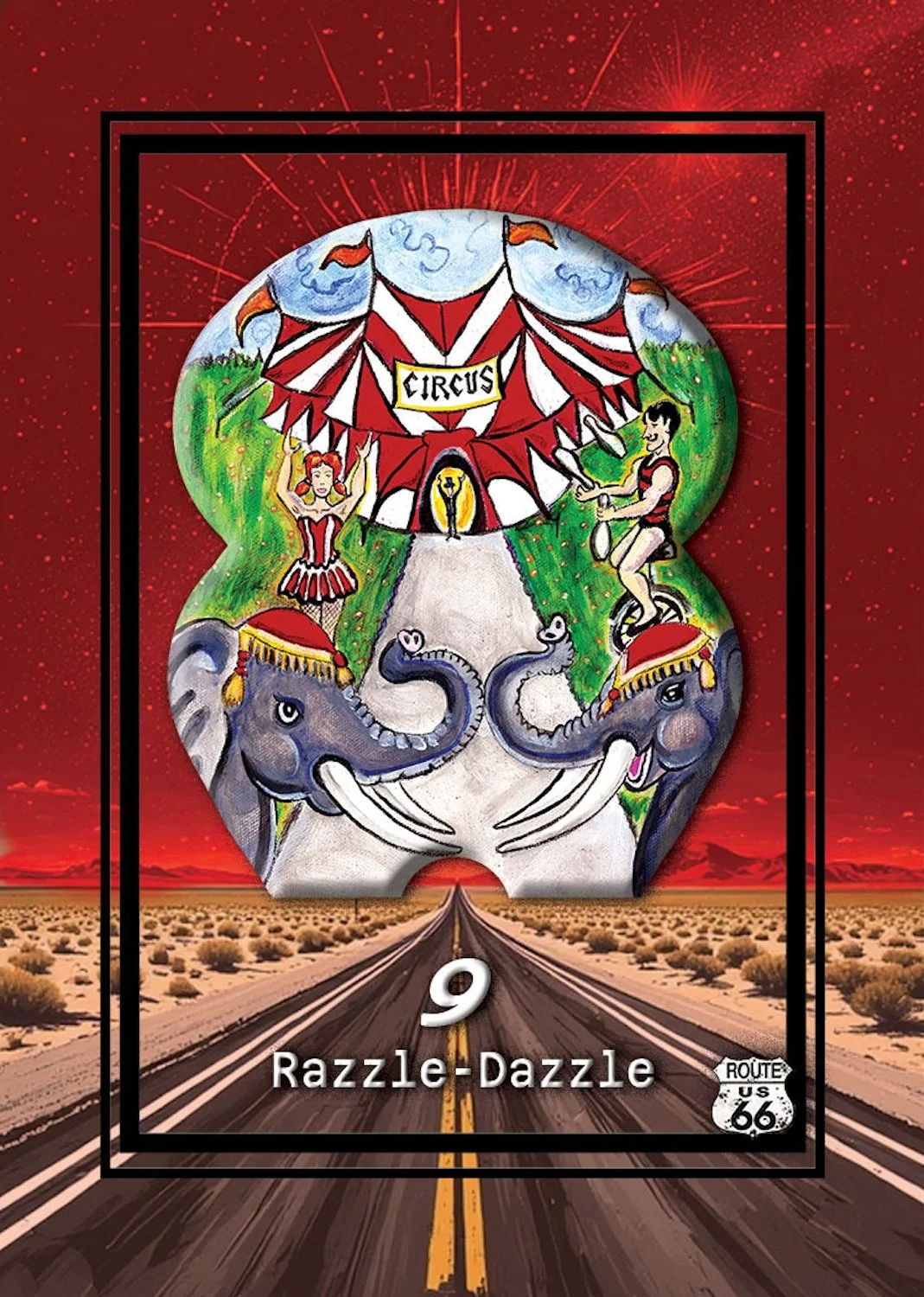 A colorful illustration of a circus scene with elephants, acrobats, and a tent, set against a backdrop of a desert highway at sunset with a red sky and fireworks.