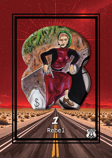 A painted illustration of a woman with short hair, wearing a red dress and black sleeves, sitting on a rock in a natural setting. She is holding a knife in one hand and has a bag of money at her feet. The background features a forest and a road exten