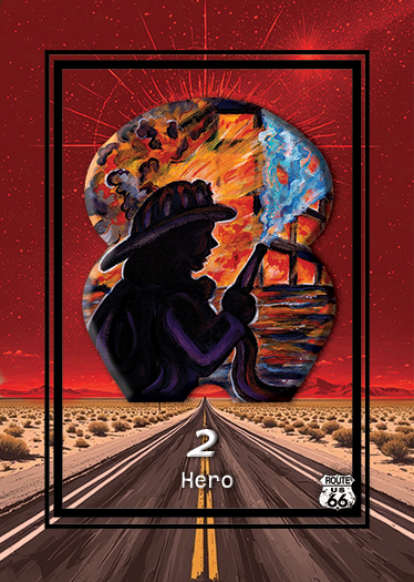 Silhouette of a person wearing a cowboy hat riding a horse with a lunging whip, set against a sunset with abstract paint splashes of nature scenes. Route 66 sign in bottom right corner.