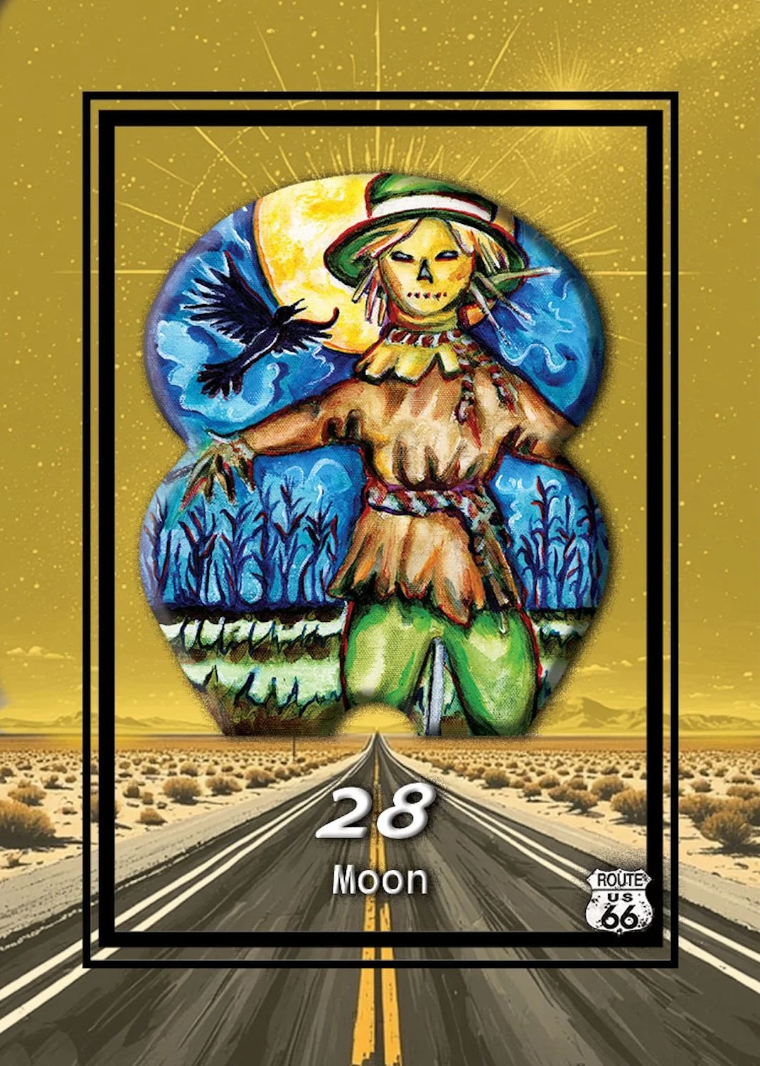 Artwork depicting a scarecrow with a pumpkin face, wearing a hat and tie, in front of a full moon, with a crow flying nearby, set against a rural sunset landscape. The artwork is framed within a "Route 66" style sign with the number 28 and the word 'Moon' beneath.