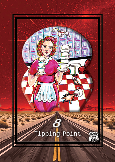 Illustration of a woman in a restaurant setting holding stacked dirty dishes with a dog under the table. The scene is framed with a Route 66 themed border and a desert landscape background.