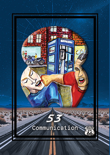 Illustration of a woman yelling and hitting a young boy, with a telephone booth in the background, on a desert highway with Route 66 signs, labeled 'Communication' and number 53