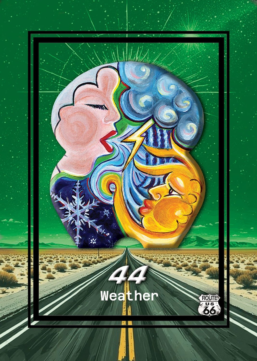 Colorful artistic depiction of weather elements on a postcard or sign, featuring weather symbols, a lightning bolt, snowflake, clouds, sun, and moon, with the number 44 and the word 'Weather' and Route 66 emblem.