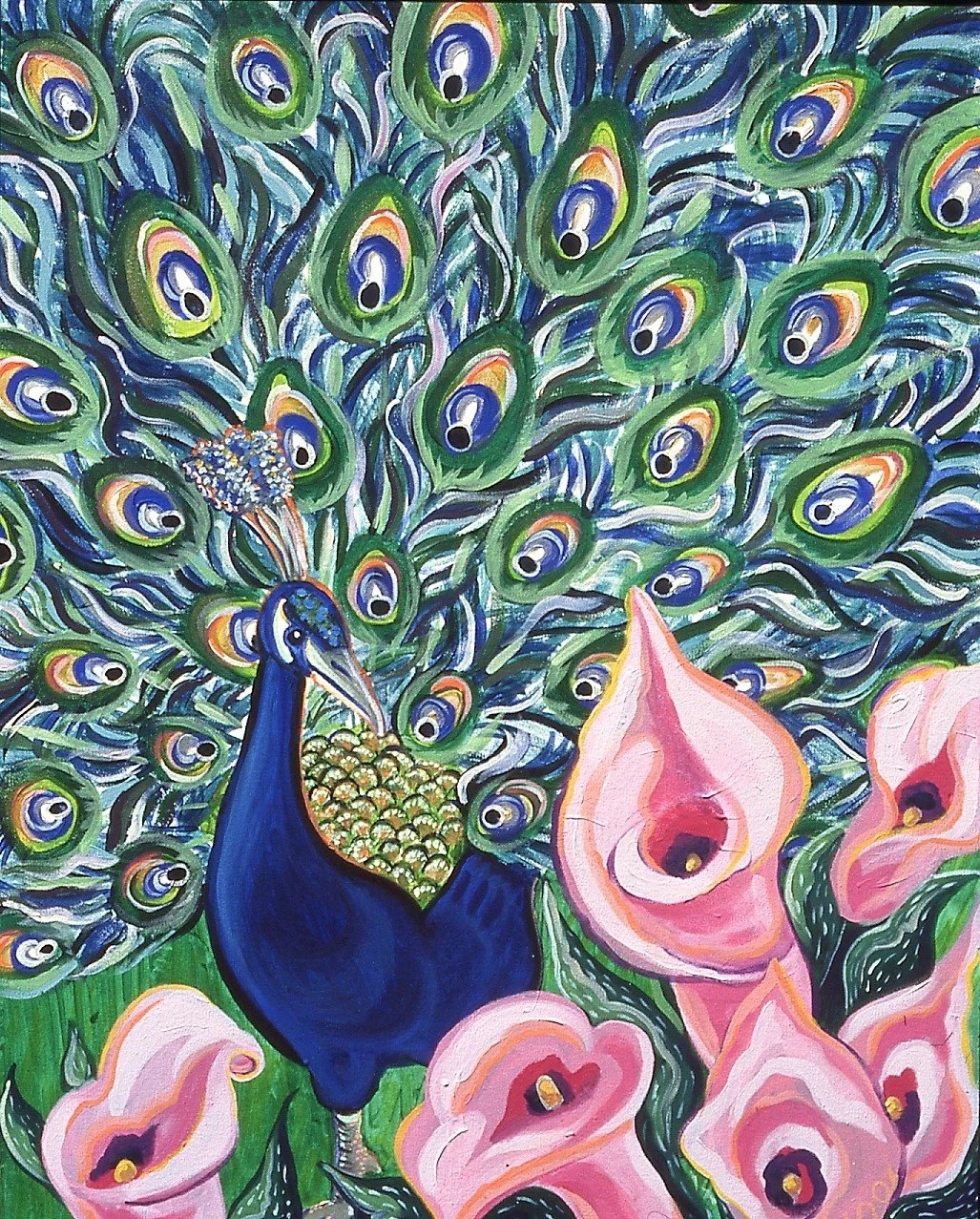 A vibrant painting of a peacock with its tail feathers spread, adorned with eye-like patterns in green, blue, and gold, surrounded by pink calla lilies.