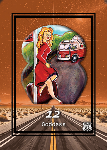 Artwork of a woman in a red dress sitting on a vintage camper van, with a roadside scene and Route 66 background, labeled as the 12th Goddess card.