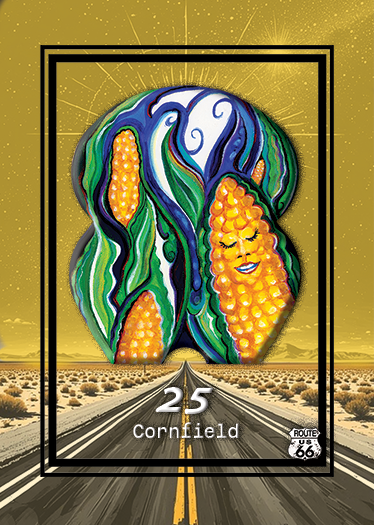 Stylized illustration of an ear filled with corn and corn husks, set against a Route 66 desert highway background.