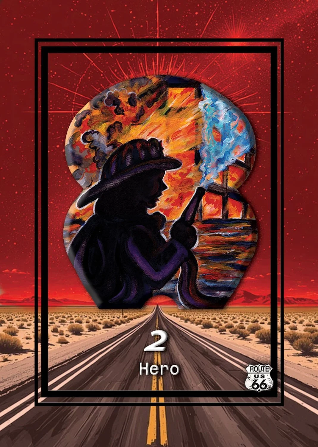 A stylized, artistic depiction of a firefighter's silhouette holding a hose, set against a backdrop of a wildfire with billowing smoke and flames. The scene is framed within a red, starry sky with a road leading toward the horizon, designated as Route 66, with a card labeled '2 Hero' overlaying the scene.