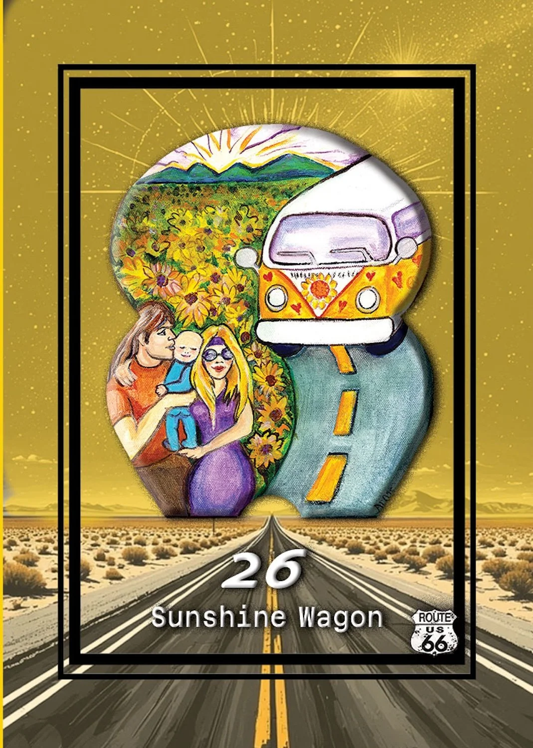 Illustration of a family with a child and a rainbow-colored van over Route 66, desert landscape with a straight road, surrounded by yellow sky, and a large number 26 with the words 'Sunshine Wagon' at the bottom.