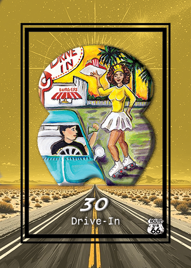 An illustration of a couple at a drive-in, with a woman roller skating and a man driving a vintage car, set against a desert landscape with Route 66 signage.