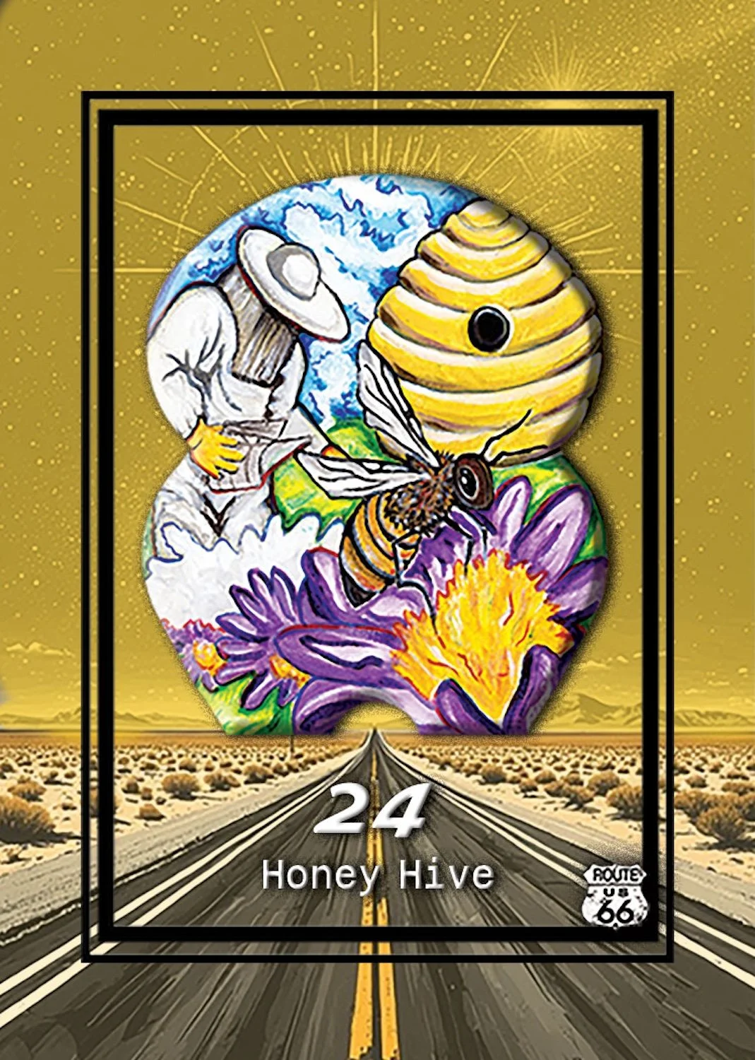 Illustration of a beehive, a bee, a beekeeper, and flowers over a desert landscape with road leading to the horizon, labeled "24 Honey Hive" and Kansas Route 66 sign.