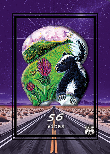 Artwork featuring a skunk and nature elements, with a road and desert landscape in the background, and text reading '56 Vibes' and Route 66.