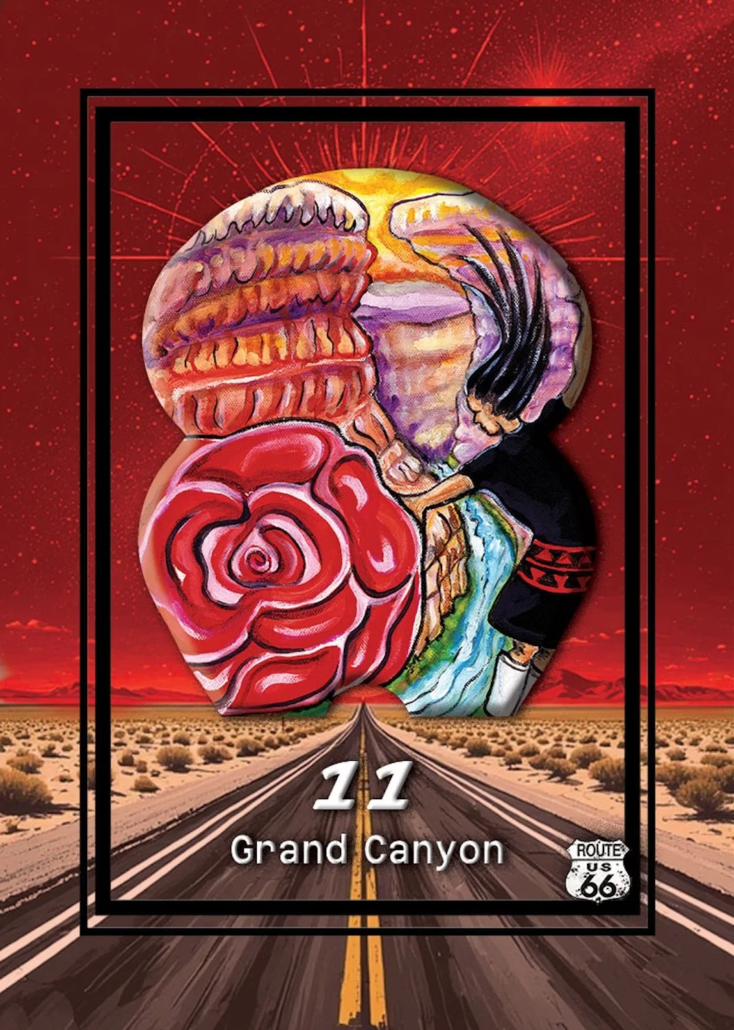 Illustration of a heart, brain, intestine, and a person sitting near a river, with a desert landscape and open highway leading to a sunset in the background, celebrating Route 66 at the Grand Canyon.