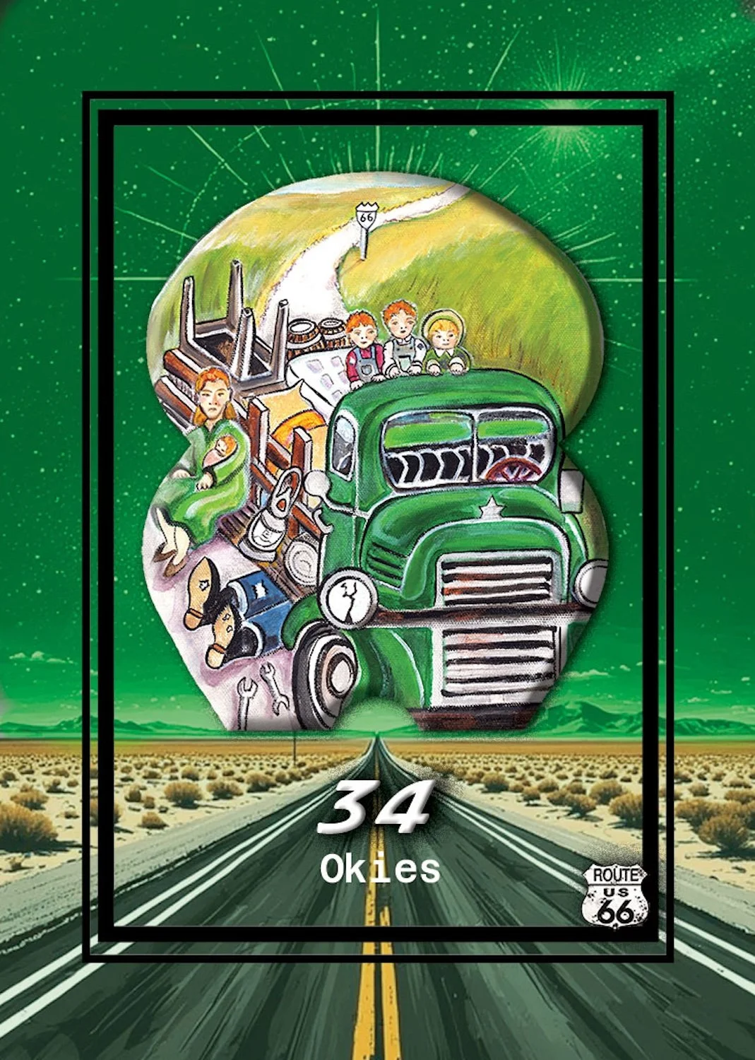 Illustration of a green vintage truck driving on a road through a desert landscape with Route 66 sign, with children and woman in a farm scene inside the truck, and a green space background with stars and a cutout shape.