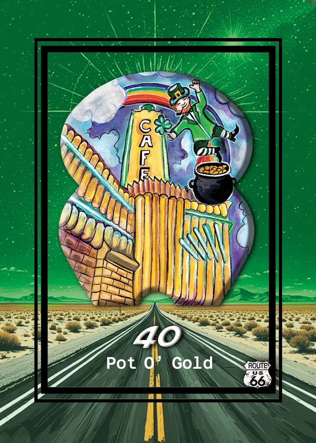 Colorful illustration of a St. Patrick's Day theme with a leprechaun, rainbow, pot of gold, and a sign that reads 'Cafe'. The background features a Route 66 highway stretching into a desert landscape under a green sky.