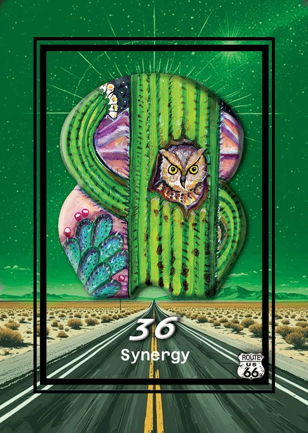 A stylized illustration featuring a road extending into the horizon in a desert landscape with bushes. Overlying the road is a psychedelic-shaped cactus with colorful patterns, an owl's face in the center, and the number 36 with the word 'Synergy' below. There is a small United States Route 66 shield at the bottom right corner.
