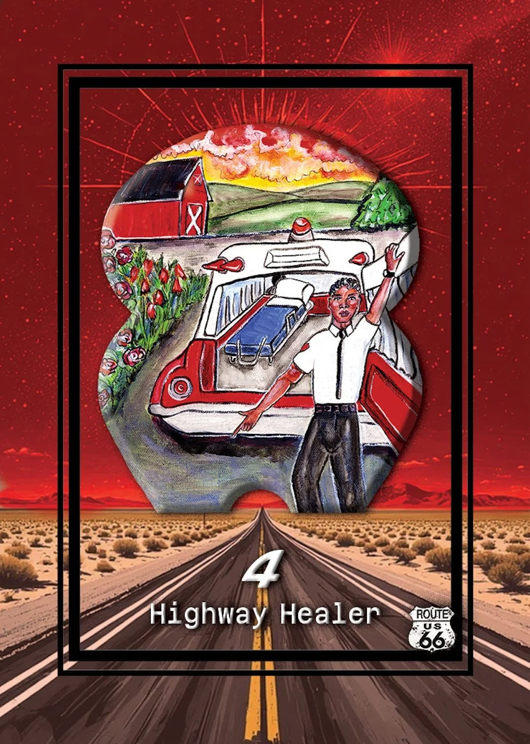 Illustration of a highway scene with a red fire truck, a man in a white shirt and black tie, a red barn, and a scenic background with fields and sunset, framed inside a stylized keyhole shape. The text reads '4 Highway Healer' and features a U.S. Route 66 shield.