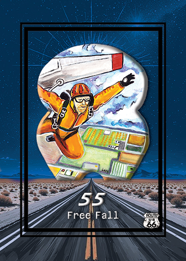 Illustration of a person in a parachute harness flying above a landscape, with Route 66 road and a desert scene in the background. The text reads '55 Free Fall'.