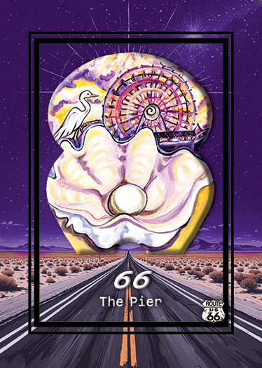 A surreal illustration of a clam shell with a pearl inside, featuring a heron on top, a Ferris wheel, and Route 66 symbols, set against a desert landscape with a starry sky.