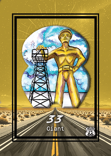 A stylized illustration of a large figure representing the giant from Route 66, with a mustard-colored body, standing next to an oil drilling rig under a cloudy sky, with a desert landscape in the foreground and a highway leading to the figure.
